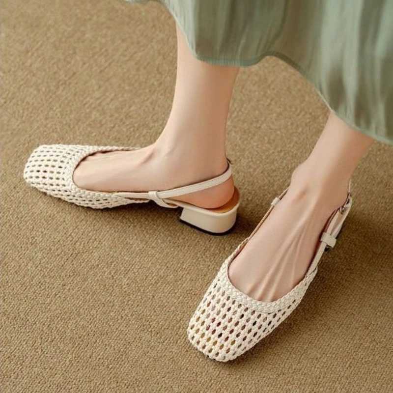 French Square-Toed Woven High-Heeled Sandals 2025 Summer New Skeletonized Fashionable Leather Fabric Mid-Heel Womens Shoes Z250617
