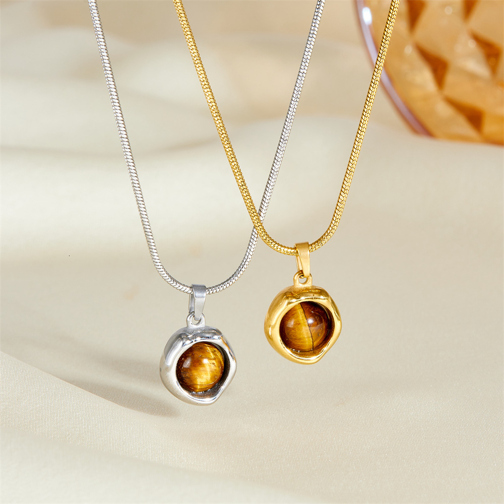 Light Fashion Simple Versatile Irregular Tiger Eye Stone Necklace for Women Personality Titanium Steel Non-Fading Jewelry