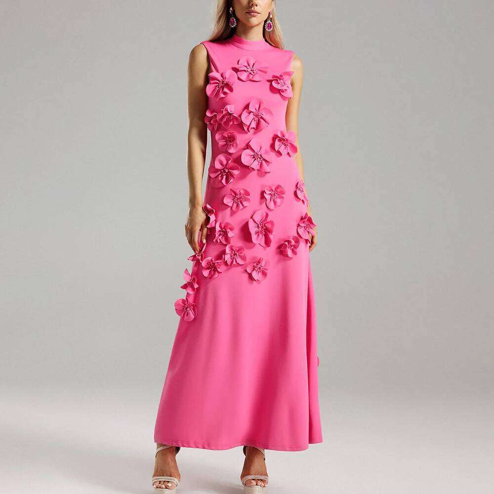 Designer Clothing 2025 Patchwork Appliques Dress For Women Stand Collar Sleeveless High Waist Elegant Spliced Lace Up Dresses Female New