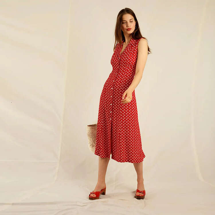 Luxury Dress N498 Summer 2025 Printed Over-the-knee Mid-length Sleeveless Blazer Collar Dress French Style Womens Fashion