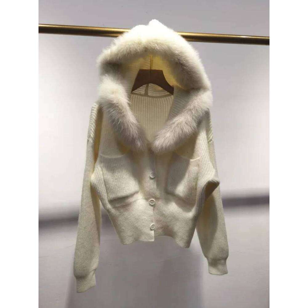 Autumn Winter New Women Knitted Jacket Elegant Ladies Real Fox Fur Collar Hooded Coat Single Breasted Slim Fit Knitwear Cardigan