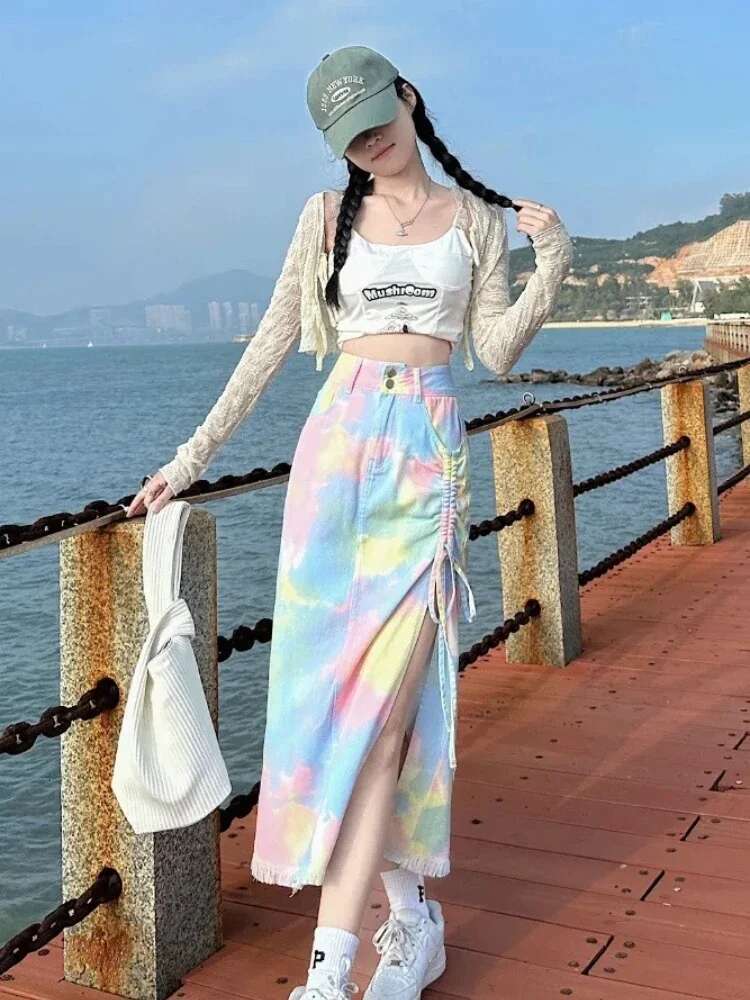 High Waist Woman Denim Skirt Drawstring Jeans Skirts for Women Korean Style Stylish Aesthetic Vintage Clothing Trend 2025 New In