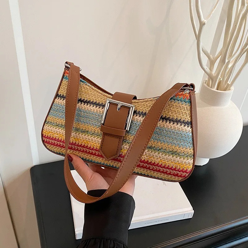 Fashion Rainbow Grass Woven Shoulder Bag Ladies Banquet Bag Spring Light Shoulder Bag with Armpit Bag 250614