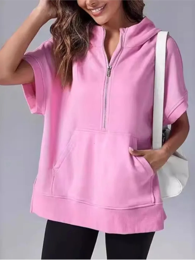 Women Fashion Solid Loose Sweatshirt Summer Short Sleeve Pocket Zipper Tops Female Casual High Street Sports Hooded 250612