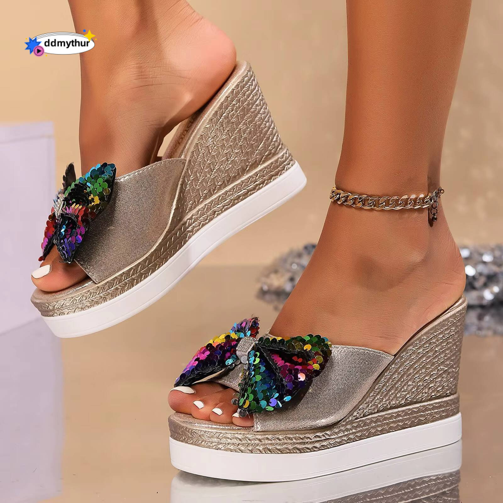 Studded For Heels Ladies Sequins Bowknot Slope High Thick Bottom Large Size Low Heel Sandals Women ddmythur