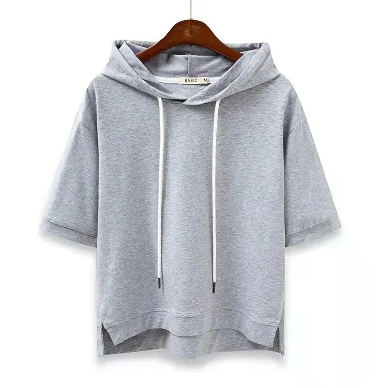 Autumn Solid Color Hooded Versatile Womens Top Summer Short Sleeved Sweatshirts Female Y2k Outdoor Casual Pullovers Hoodies 250612