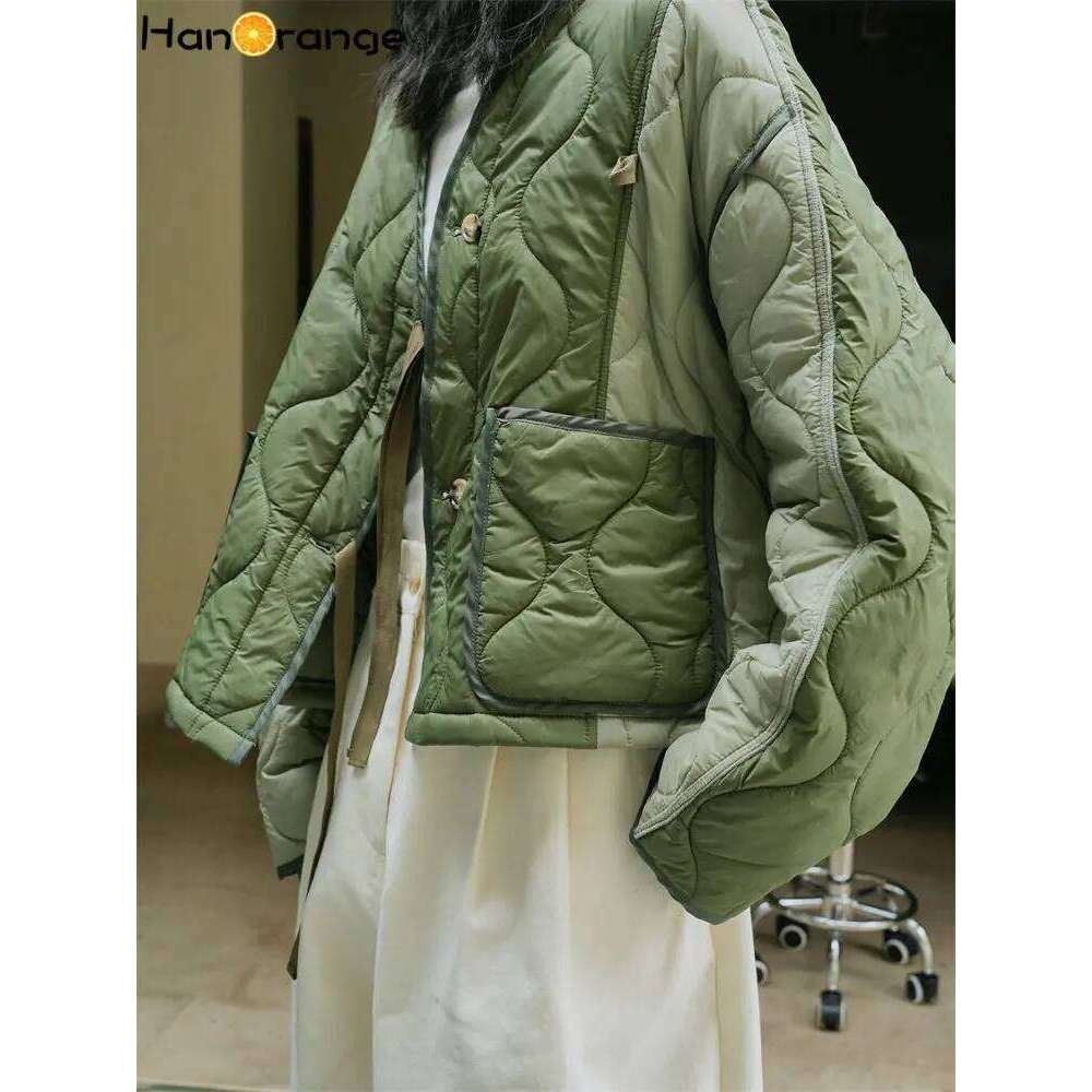 HanOrange 2024 Winter Color Contrast Cotton Padded Jacket Women Loose Light Casual Warm Parkas Female Sense Design Black/Green