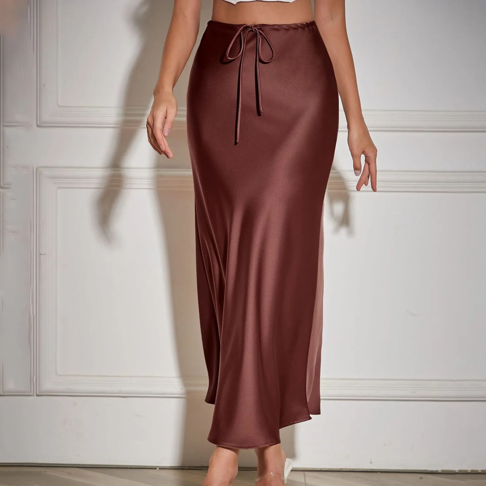 Top Selling Skirts For Women Plus Size WomenS Solid Color Satin Long Dress High Waist Drawstring Dress Ropa Para Mujer 250614