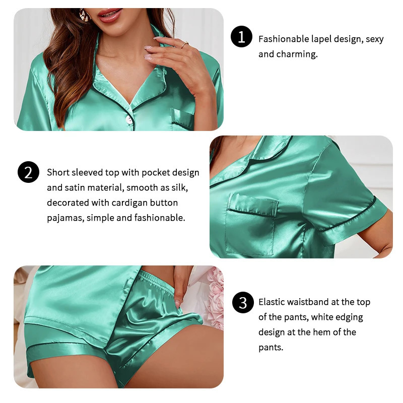 Womens Satin Pajama Set Summer Sleepwear Loungewear Short Sleeve Lapel Top Shorts Pyjamas Button Home Clothes Pajamas Pjs Set 250616