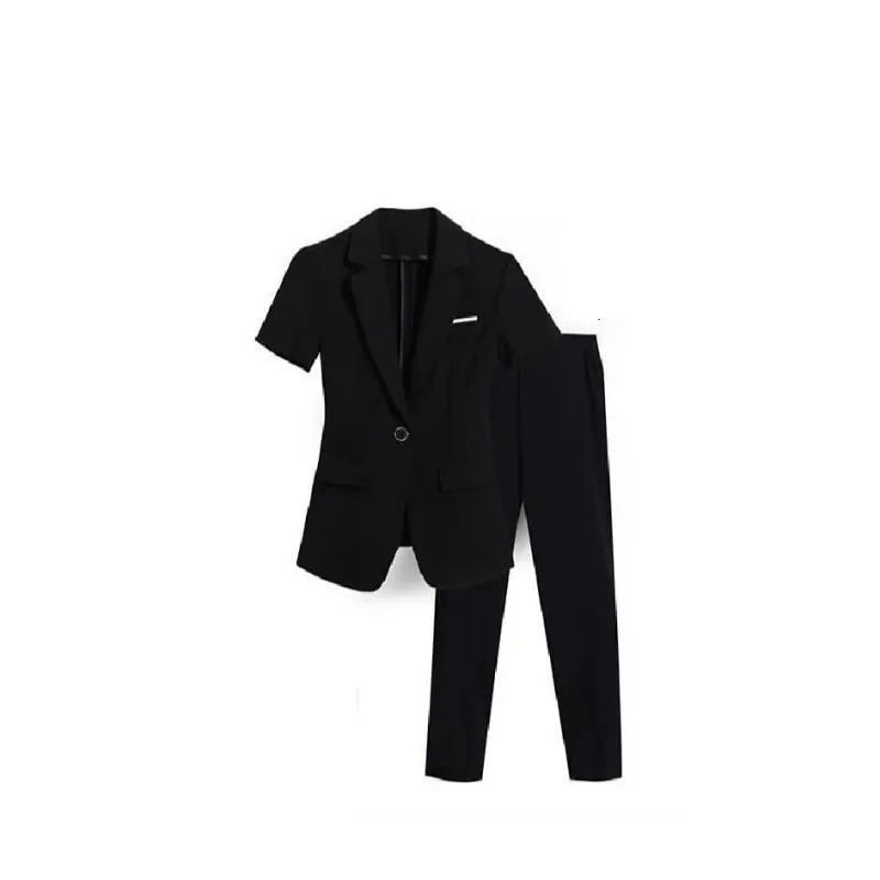 Womens Summer Casual Shortsleeved Blazers Jacket Pants 2 Piece Korean Elegant Thin Professional Suit Trousers Matching Set 250612
