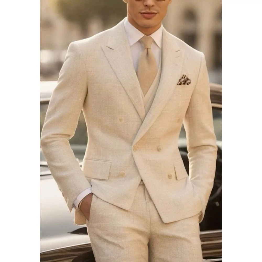 Beige Lapel Men Suits 3 Piece Summer Fashion Double Breasted Formal Clothing Smart Casual Wedding Suit BlazerVestPants 250613Z