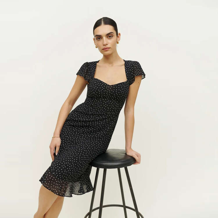 Long Dress Partydress Wedding Guest Dress for Women 485#summer New 2025 Printed Over-the-knee Square Neck Mid-length Slim Fit Dress French Style Women
