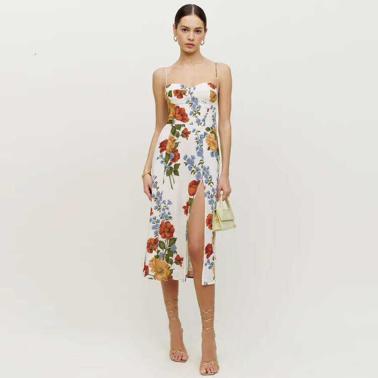 Whitedress Birthday Dress Designer Dresses for Women Bodysuit 221#summer New 2025 Printed Over-the-knee Slit Sexy Slim Fit Mid-length Strap Dress Fren