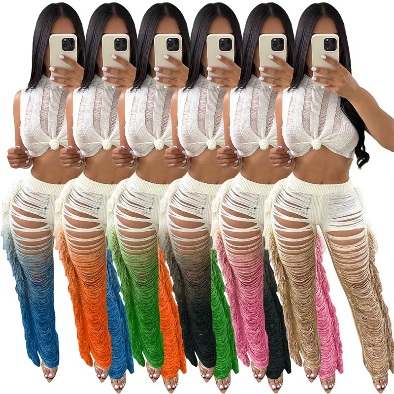 Gradient Color Crochet Two Piece Set for Women Summer Beach Crop Top and Wide Leg Pants Tassel Hollow Out Hole Vacation Outfits 250616