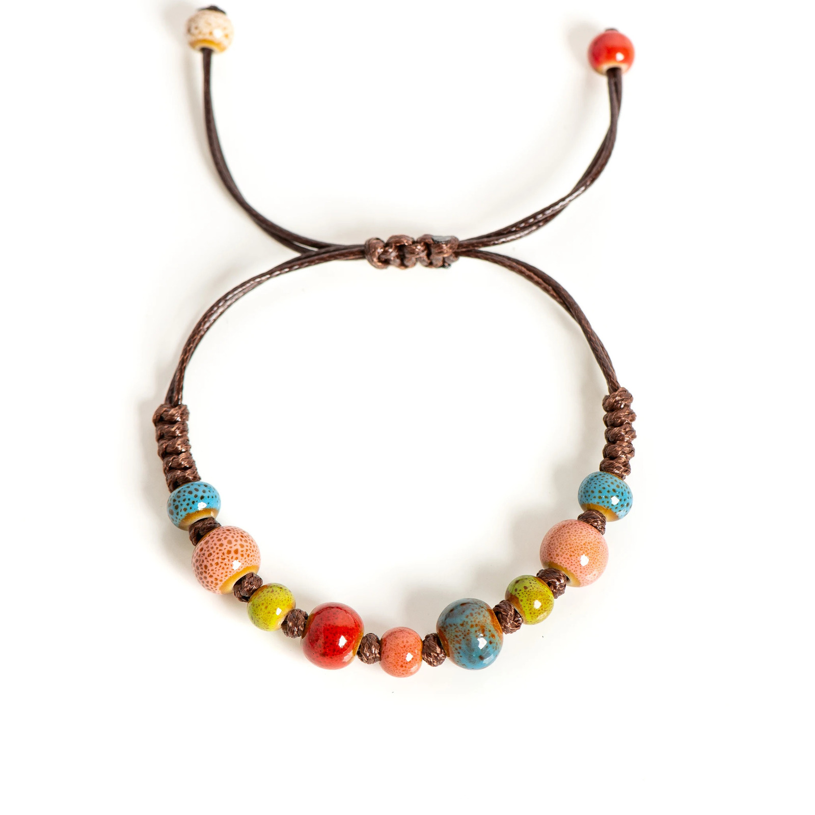 Bohemian Ceramic Bead Bracelet with Adjustable Cord 15-25cm for All Wrist Sizes 250616