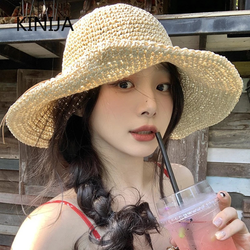 Holiday Sle Beach Fisherman Hat Seaside Sun Protection Sun Hat Large Brim Bow Woven Straw Hat Women Panama Chapeau Korean 250616