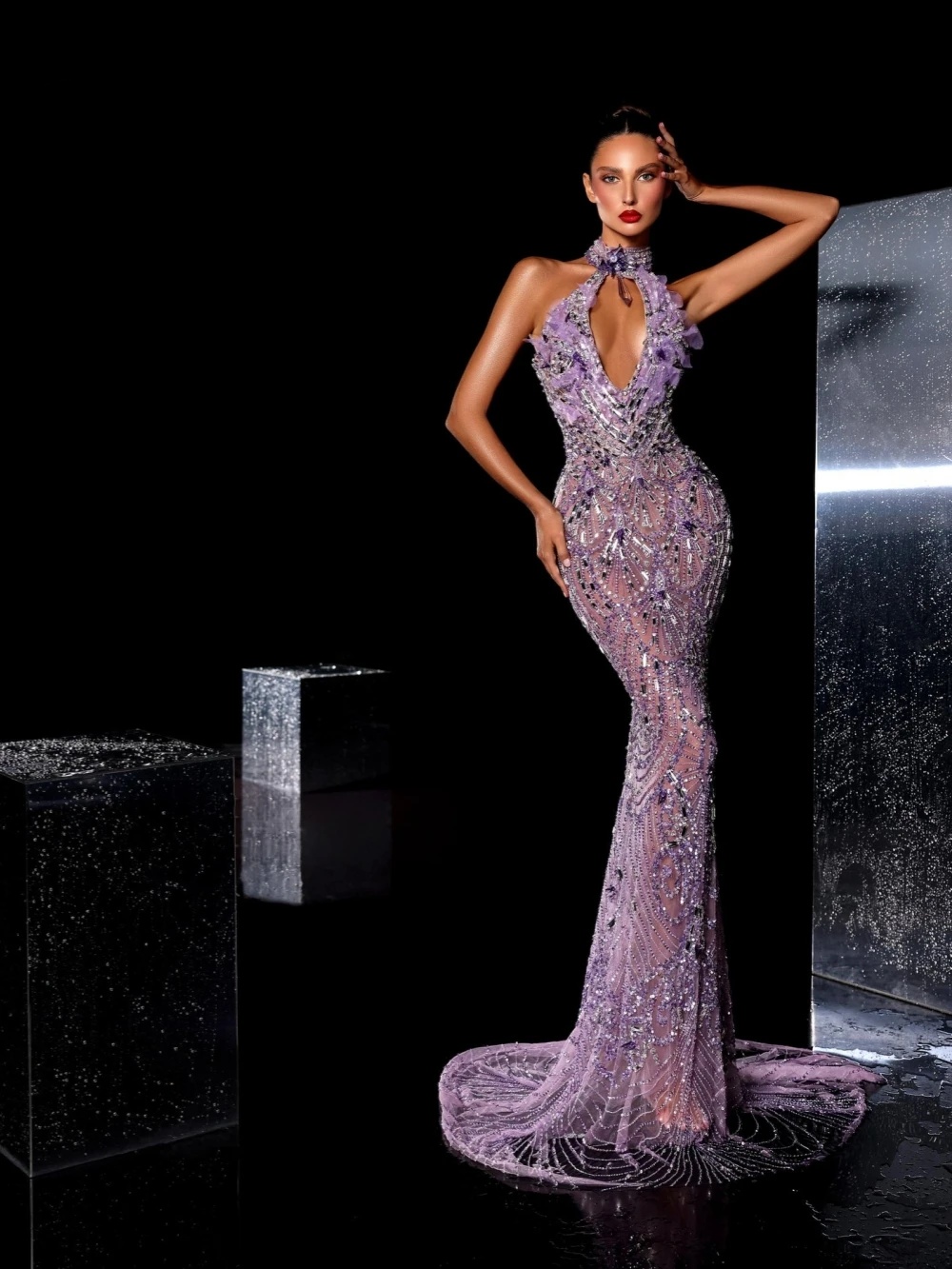 Gorgeous Evening Dresses Crystal Prom Dress Rhinestone Beading Sleeveless Slim Illusion Appliques Mermaid Party Gowns Vestidos De Noche Plus Size