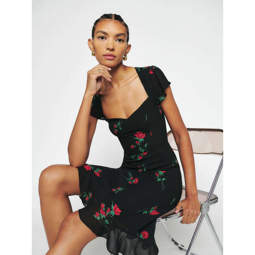 Goth Dresses for Woman Elegant for A Wedding 485 Summer New 2025 Printed Over-the-knee Square Neck Mid-length Slim Dress French Style Womens Fashion