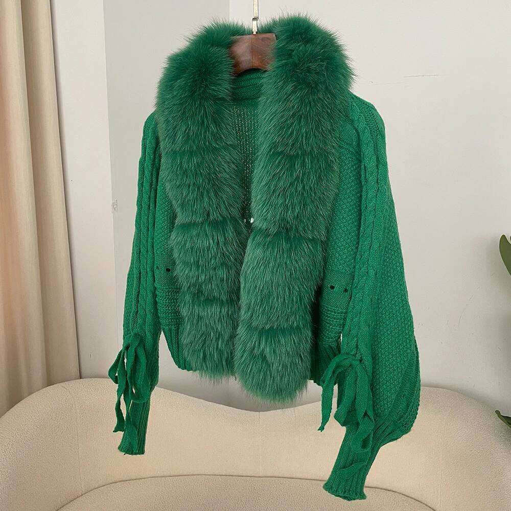 OFTBUY 2025 Spring Knitted Cardigan Women Real Fox Fur Batwing Sleeve Sweater Female Solid Short Kintwear Lady Loose Kint Coat