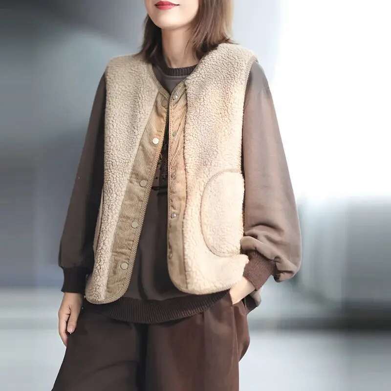 Warm Lady Lamb Plush Giletes Splicing Cold Demi-season Youthful Trend 2025 Womens Vests Autumn Lightweight Padded Sleeveless