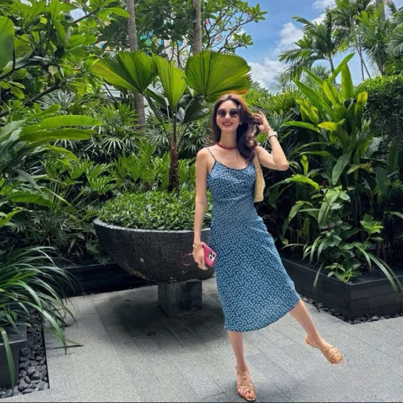Summer Dress Dresses for Woman Elegant for A Wedding 960 New 2025 Silk Blue Floral Low-cut Mid-length Slim Fit Backless Dress French Vacation Style
