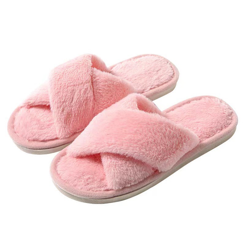 New solid color fur cross strap anti slip shoes for home women's cotton slippers, fashionable women's sandals, designer sandals