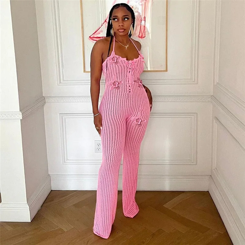 Leosoxs Knitted Halter Lace-Up Backless Jumpsuit Women Flower Applique Sleeveless Skinny Rompers Summer Vacation Beachwear 250617