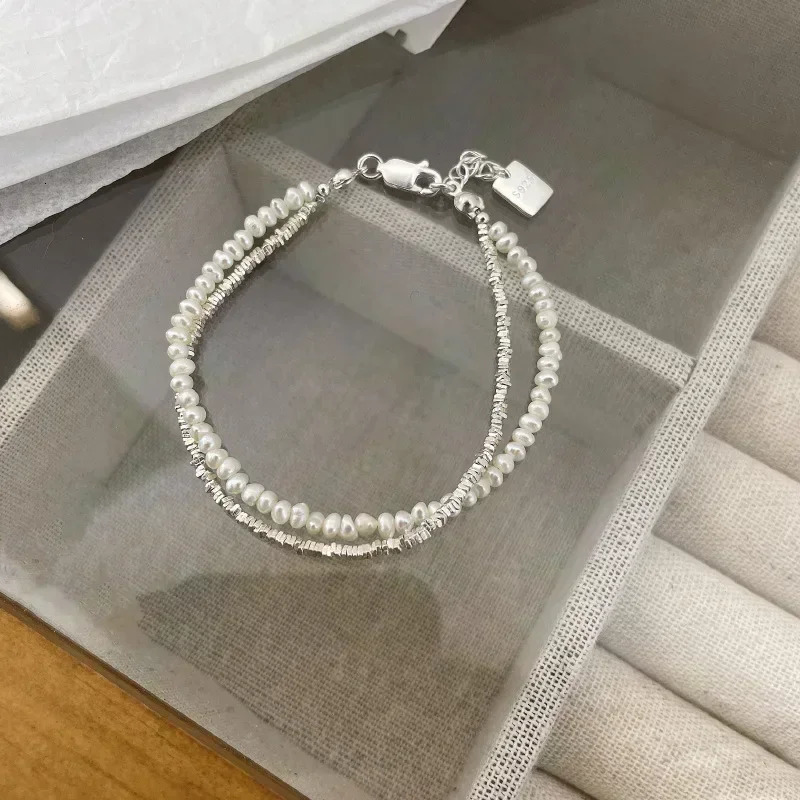 925 Sterling Silver Bracelet Double Layer Pearl Bracelet for Women Girl Vintage Bead Korean Jewelry Charm Bracelet 250616