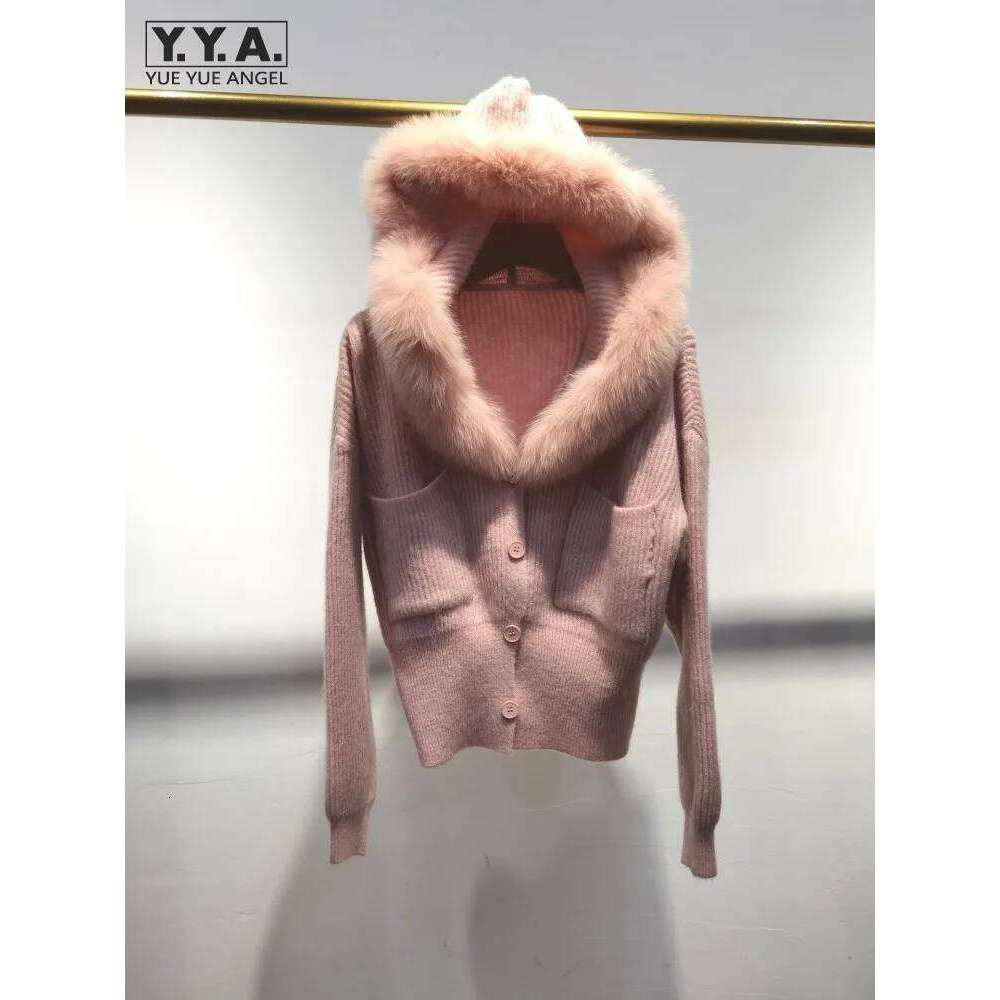 Autumn Winter New Women Knitted Jacket Elegant Ladies Real Fox Fur Collar Hooded Coat Single Breasted Slim Fit Knitwear Cardigan