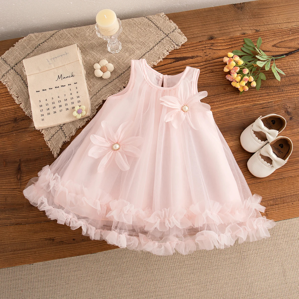 Baby Girl Pink Dress Flower Sweet Sleeveless Feather Gauze Princess Dress Wedding Party Dress for Kids Girl 250617