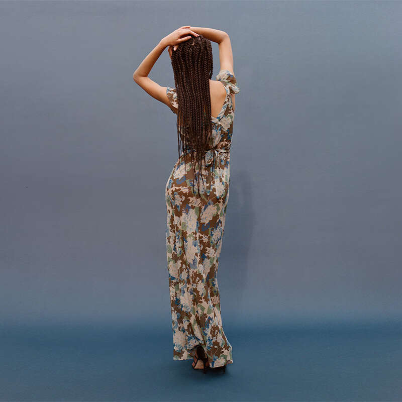 Tender Dress Designer 689#silk Low-cut Round Neck Dress with Ruffles Slim Fit Waist-cinching Printed Vacation Style Sexy and Sheer for Women