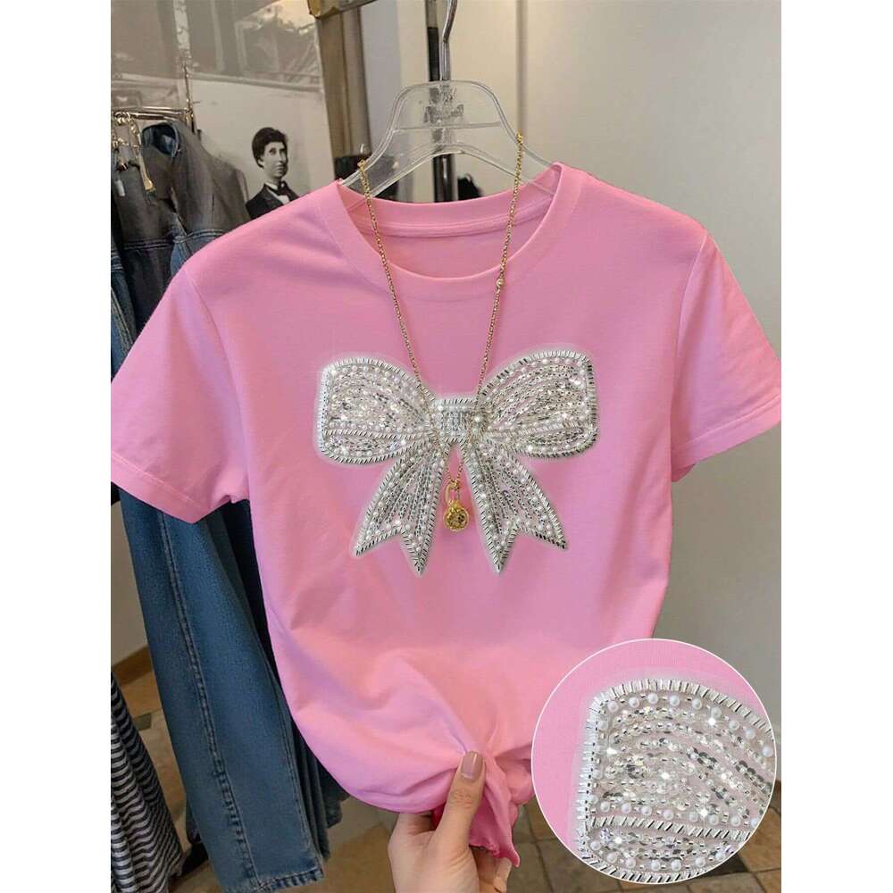 Summer New Women's Fashion Casual Commuter Loose Round Neck Bowknot Print T-Shirt Short B5