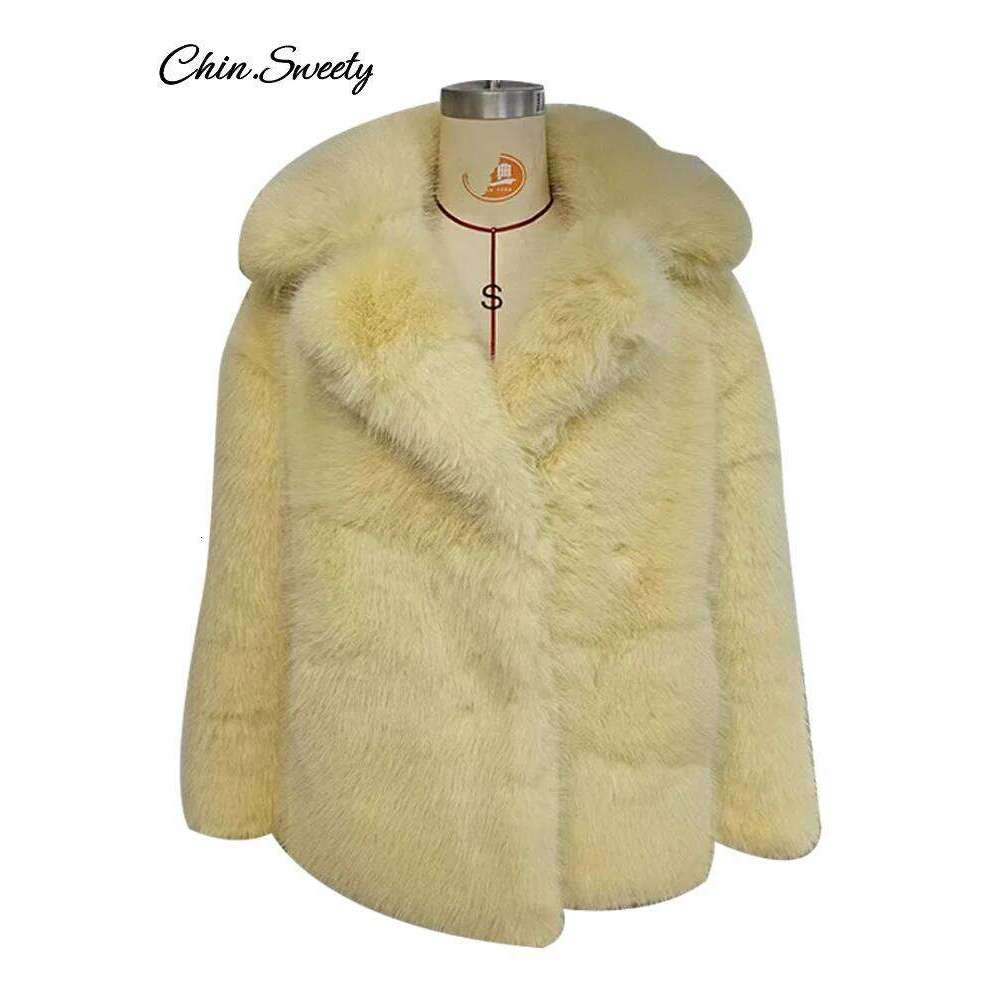 Fashion Faux Fur Jacket Coat Women Warm Fluffy Loose Long Sleeve Lapel Female Overcoat 2024 Winter Yellow Lady Street Outwear
