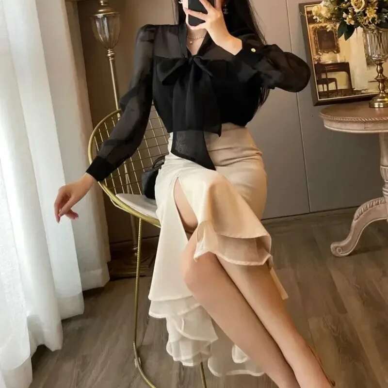 Splicing Womens Long Sleeve Dresses Korean Style Female Dress Bow Elegant Party High Quality Luxury Beautiful On Sales Curvy G