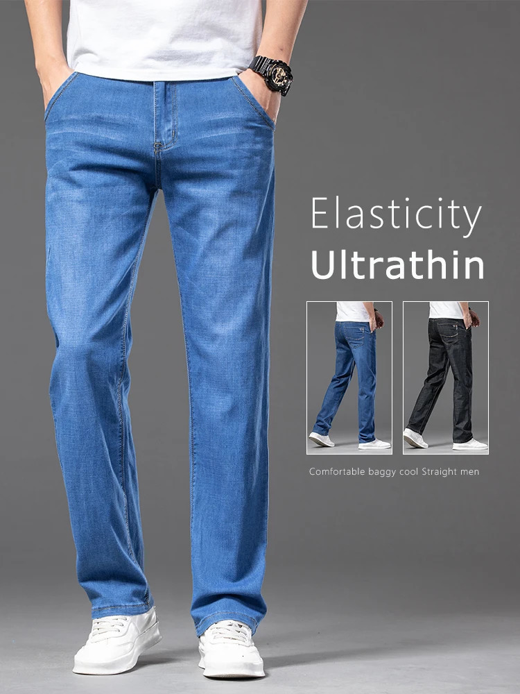 Summer Thin Mens Straight Jeans Classic Black Blue Stretch Casual Business Baggy Denim Pants Male Trousers 250616