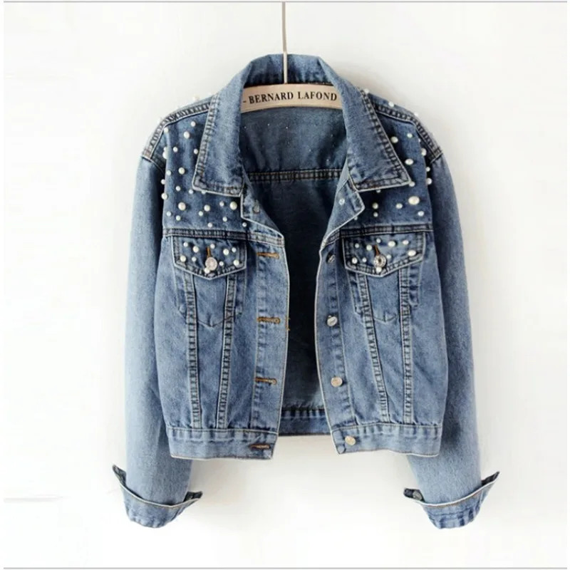 Womens Short Denim Jacket Beaded Pearl Jacket Loose Spring and Autumn Denim Jacket 250616