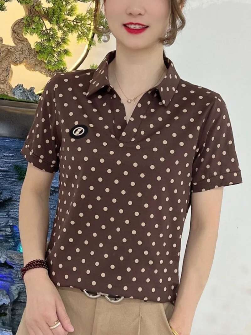 Polo Neck Shirts for Women Short Sleeve Tee T-shirt Woman Flower Clothing Aesthetic with Collar Tops Youth Luxury Sale V Cute