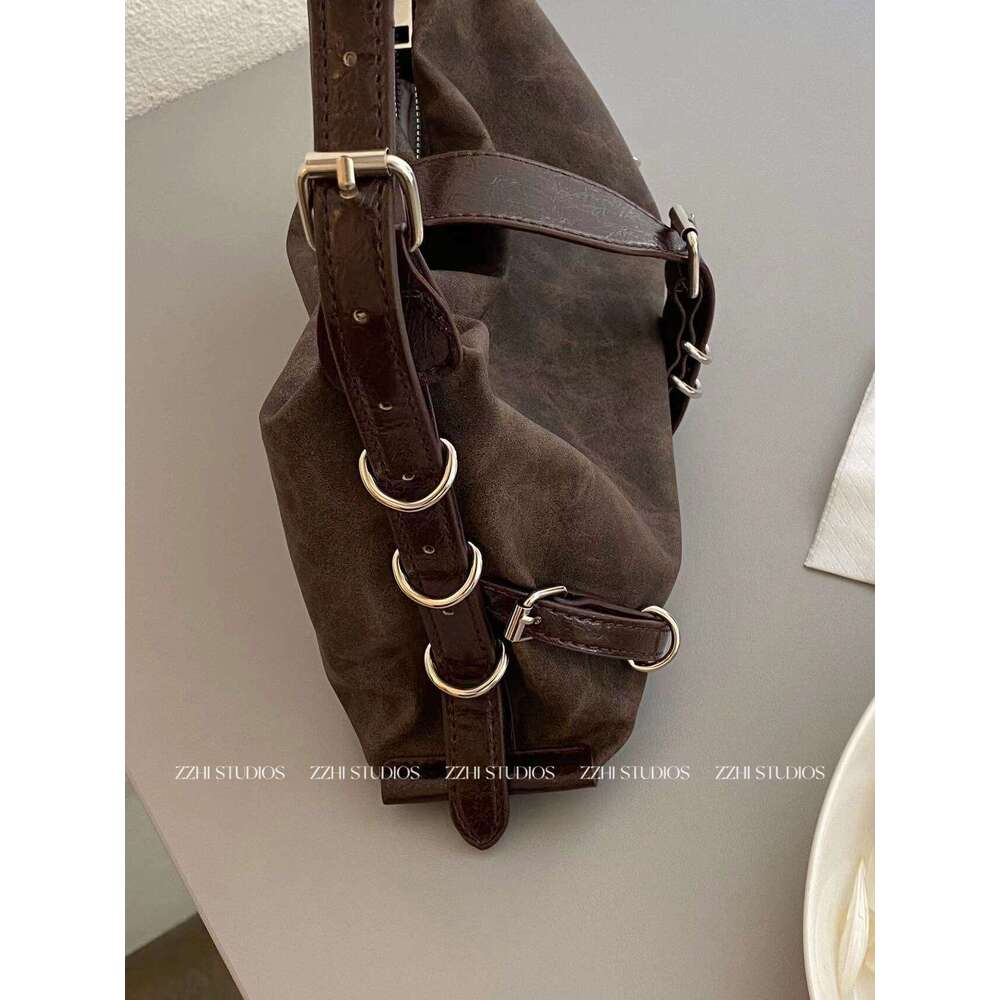 Studios Niche Design Brown Single Shoulder Underarm Motorcycle Bag Vintage Retro Style Hot Girl