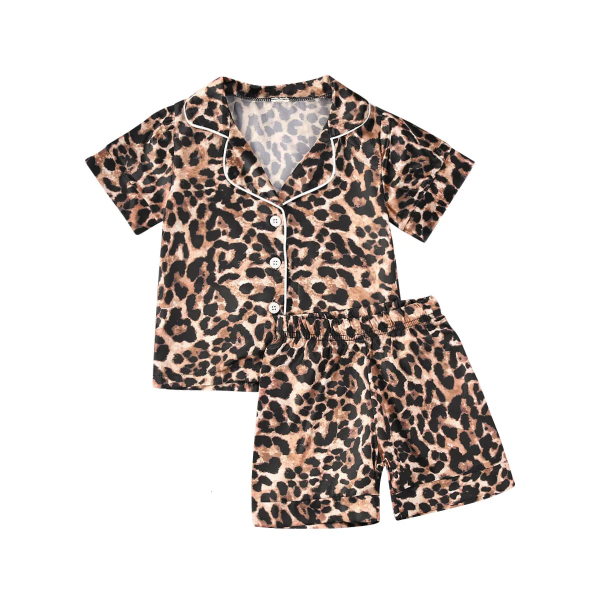 1-6Years Fashion Toddler Baby Boy Girl Leopard Pajamas long / short sleeve Top Pants Button-Down Sleepwear Nightgown 250617
