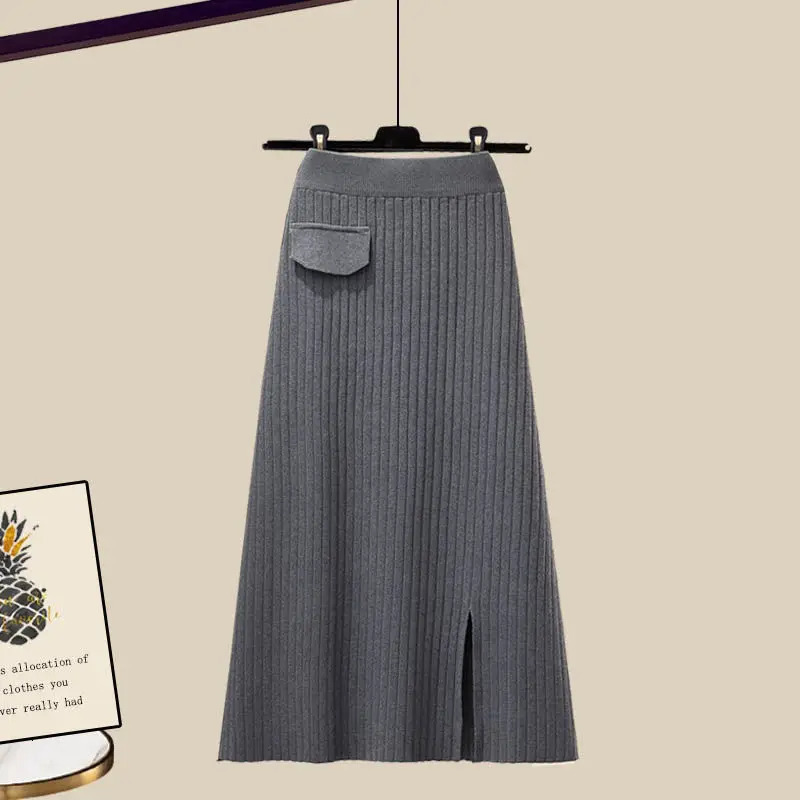 Large Womens Autumn and Winter Set Loose Shawl Shirt High Waist Knitted Half Skirt Three Piece Set Fashion 250616