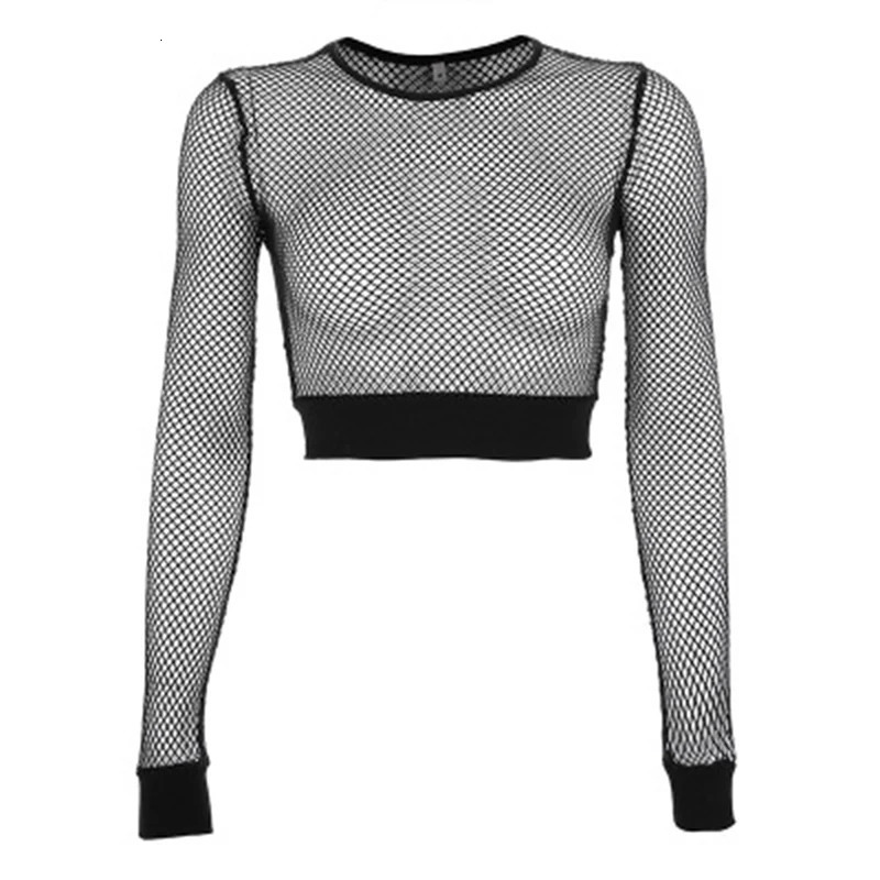 Sexy Black Hollow Out Mesh T-Shirt Female Skinny Crop Top Fashion Summer Basic Tops For Women Fishnet Shirt 250614