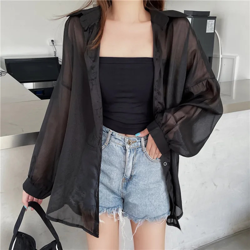 Semi Sheer Long Sleeve Shirt for Women Shimmer Button Down Collared Plain Lightweight Shirt Spring Summer Chic Tops Outfit 250616