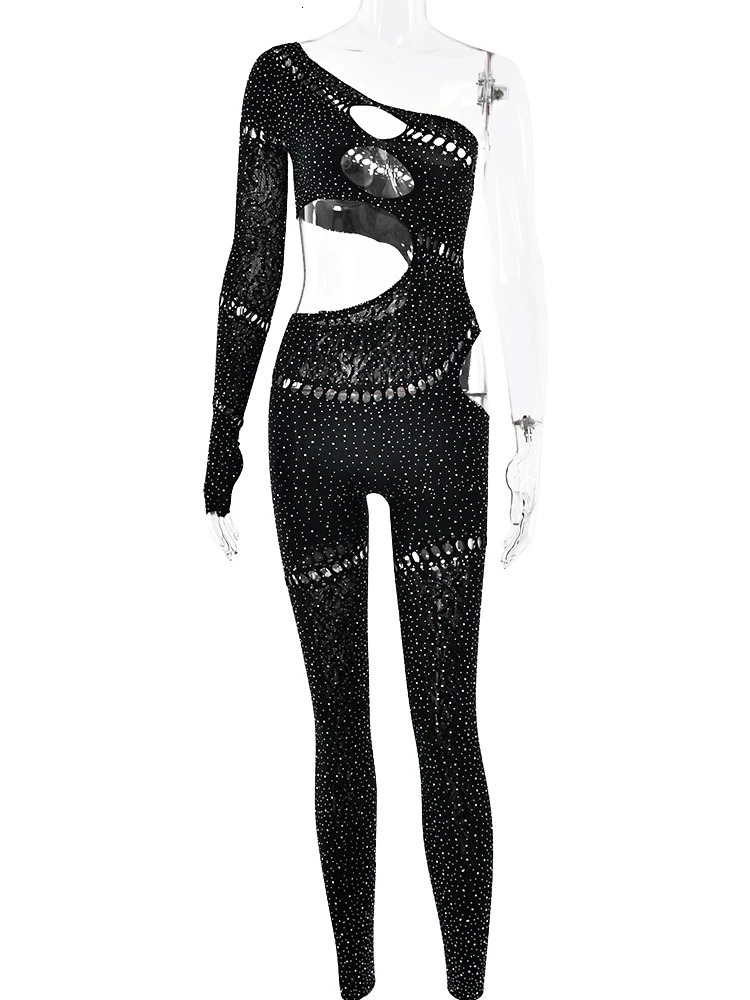 Sibybo Sexy Single Rotator Cuff Hollow Out High Elastic Jumpsuit Luminous Rhinestones Solid Color Trousers Spicy Girl Streetwear 250616
