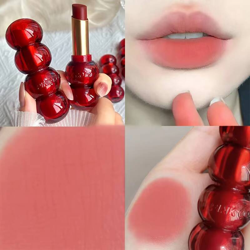 Cute Gourd Shape Matte Lipstick Smoked Brown Red Solid Gloss Waterproof Long Lasting Tinted Balm Velvet Lip Makeup Pen happy