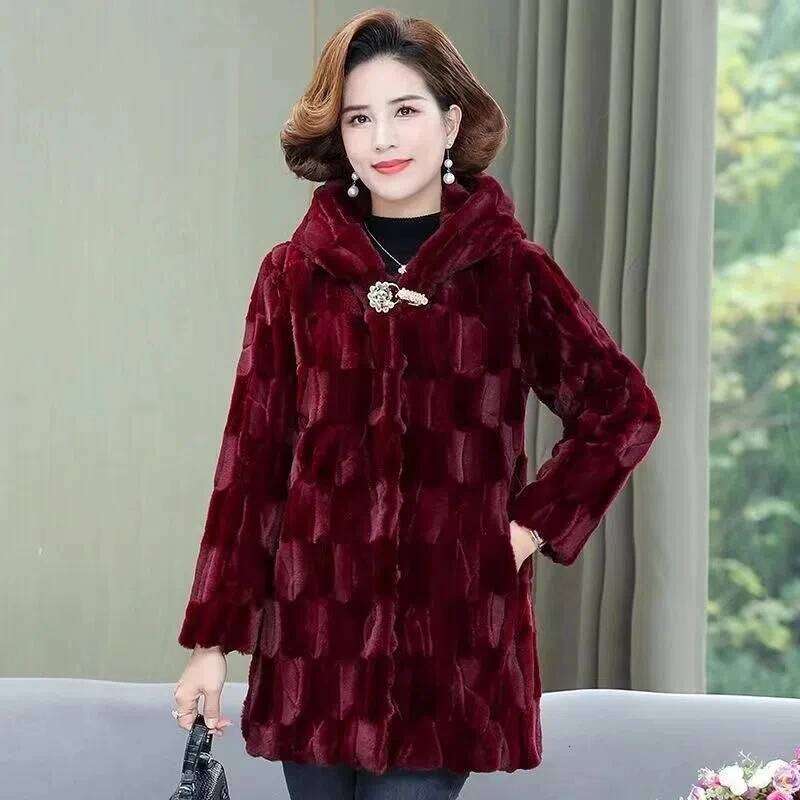 New Mother's Winter High-End Imitation Fur Middle-Aged And Elderly Women's Hooded Thicke Mink Veet Coat