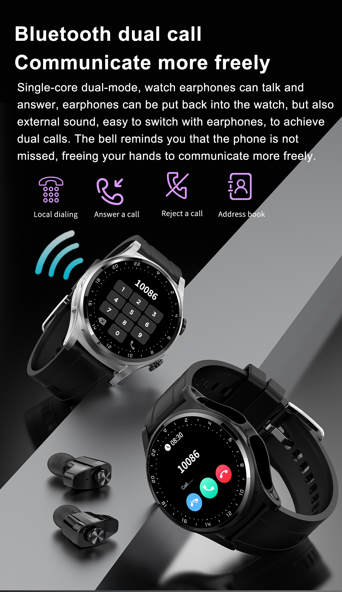GT66 New Touch Screen Smart Watch Bluetooth Headset 2 In 1 Men Sports Fitness Tracker Electronic Watch Blood Pressure Monitor