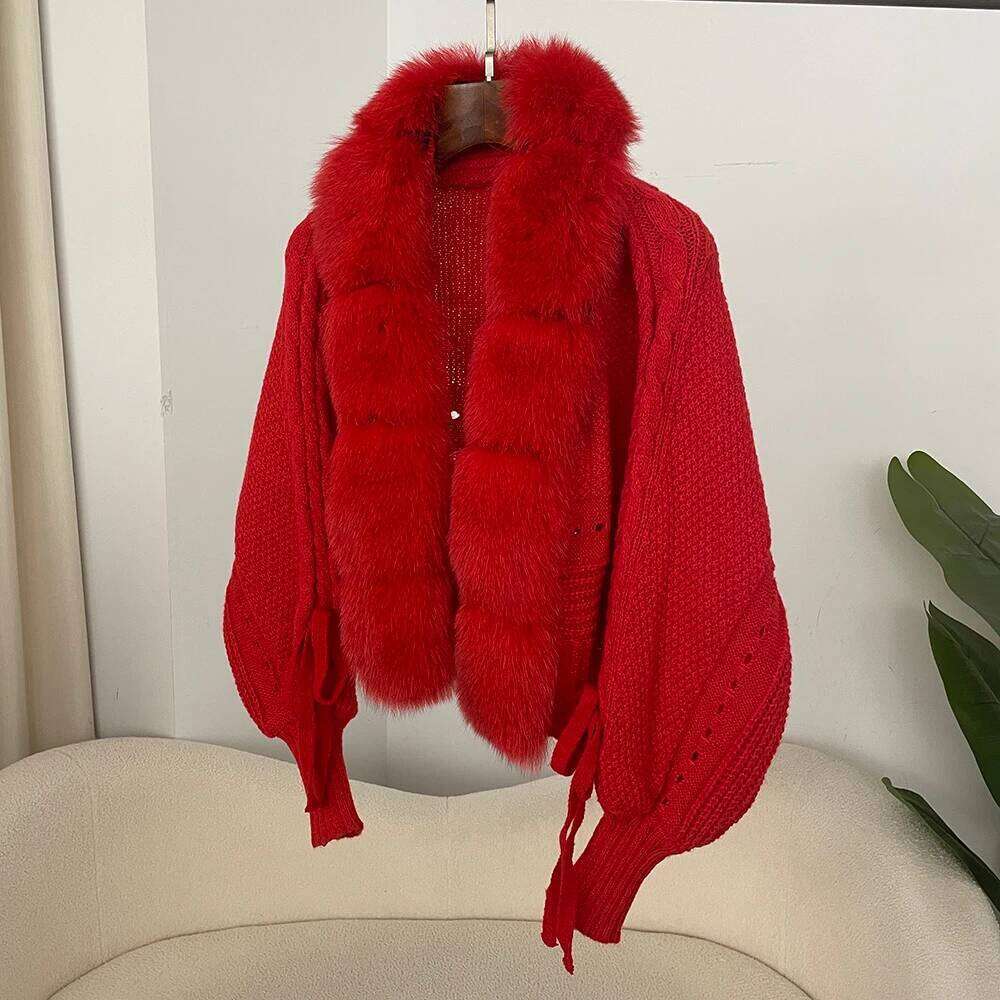 OFTBUY 2025 Spring Knitted Cardigan Women Real Fox Fur Batwing Sleeve Sweater Female Solid Short Kintwear Lady Loose Kint Coat
