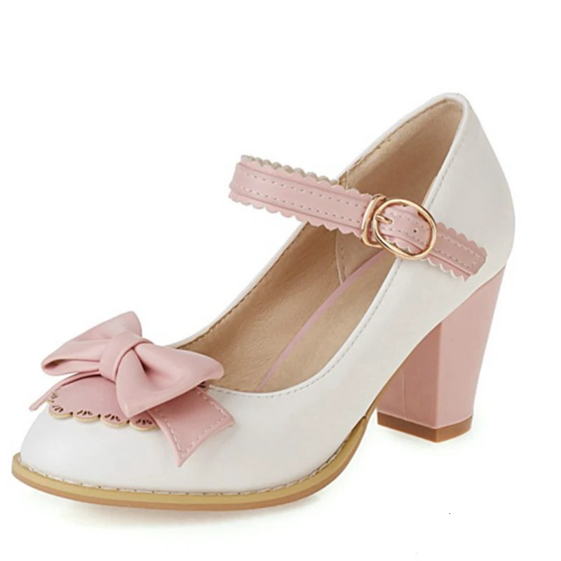 ASILETO Ladies Pumps Round Toe 7cm Block Heels Buckle Bowtie Sweet Cute Vintage All-Match Big Size 48 Party S2131 250613