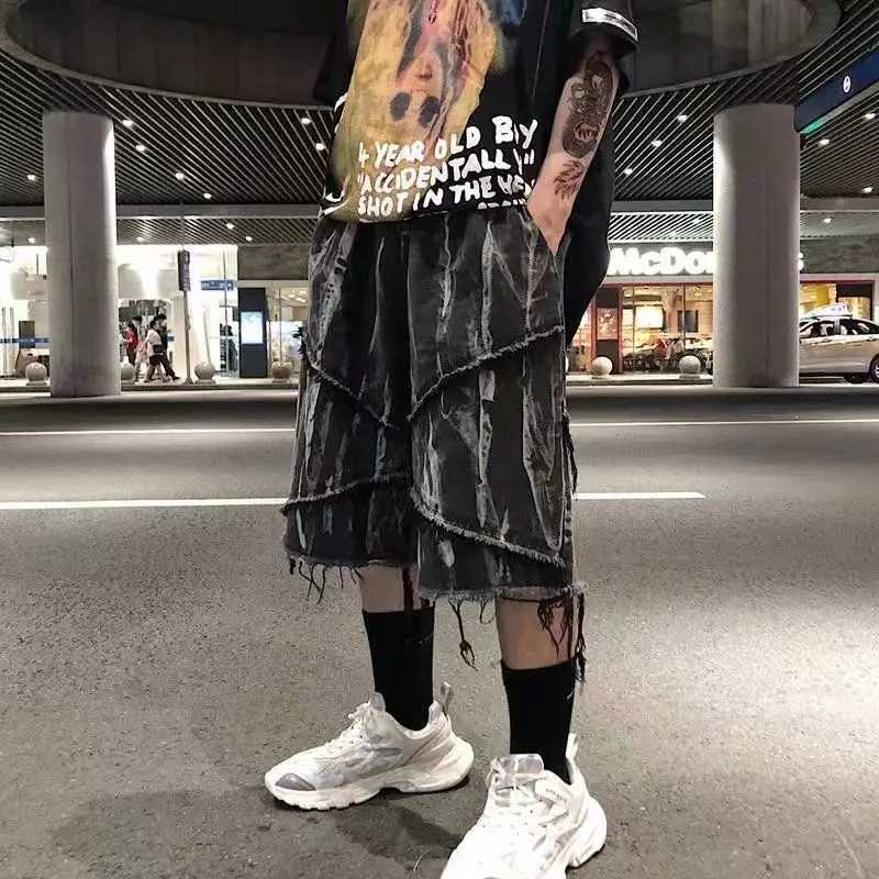 American Raw Edge Denim Men Shorts Summer Oversize Casual Loose Knee-High Dark Cropped Pants Streetwear Men Z250617