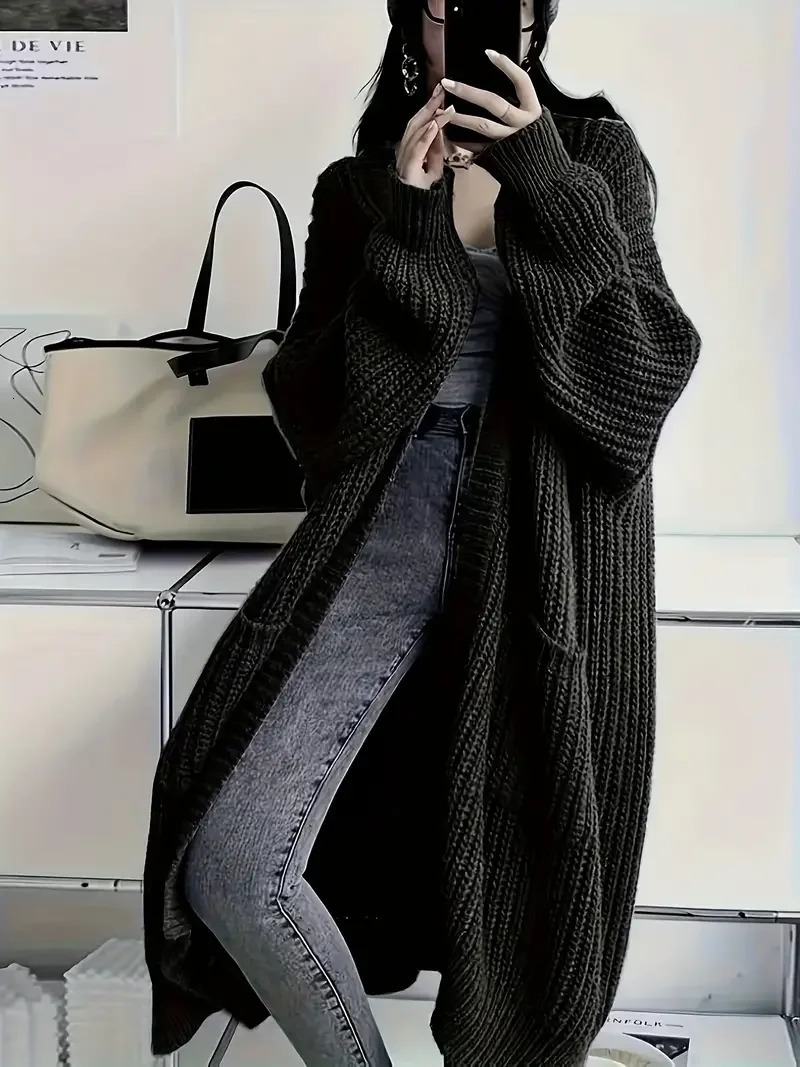 Womens Solid Open Front Knit Cardigan with Pockets - Casual Long Sleeve Sweater for Comfortable Layering 250616